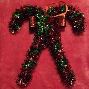 Festive Green and Red Tinsel Bow Decoration